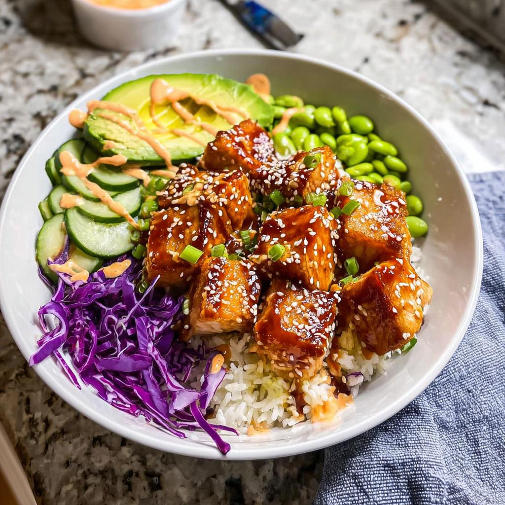 A delicious Crispy Salmon and Rice Bowl topped with sesame seeds, avocado, cucumber, edamame, and red cabbage.