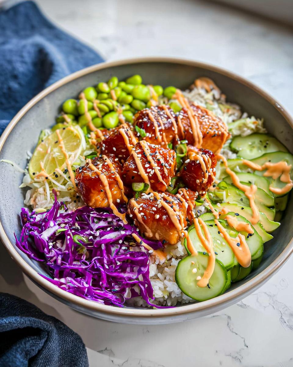 A vibrant Crispy Salmon and Rice Bowl featuring glazed salmon pieces, edamame, red cabbage, cucumber, and a drizzle of sauce.