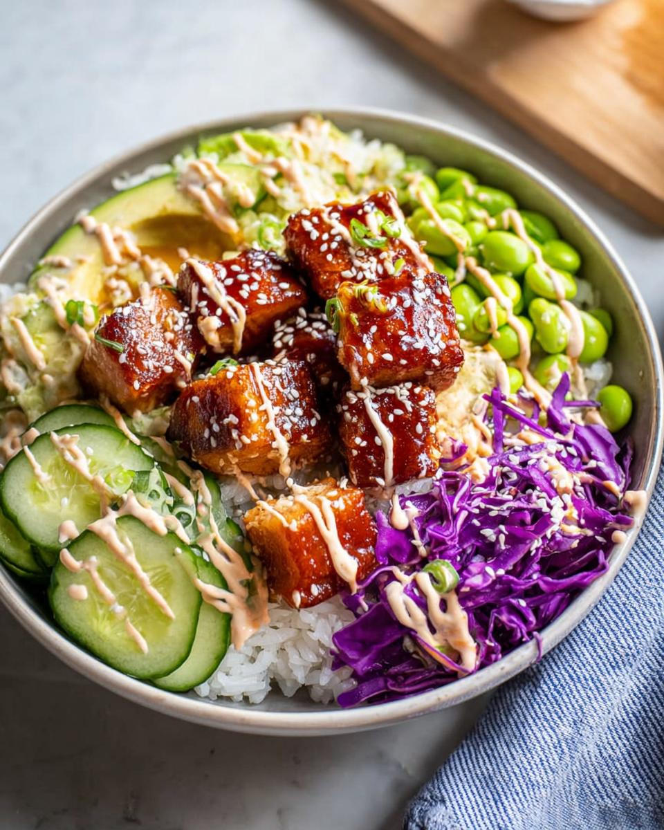 A vibrant Crispy Salmon and Rice Bowl featuring glazed salmon cubes, avocado, cucumber, edamame, and red cabbage, drizzled with sauce.