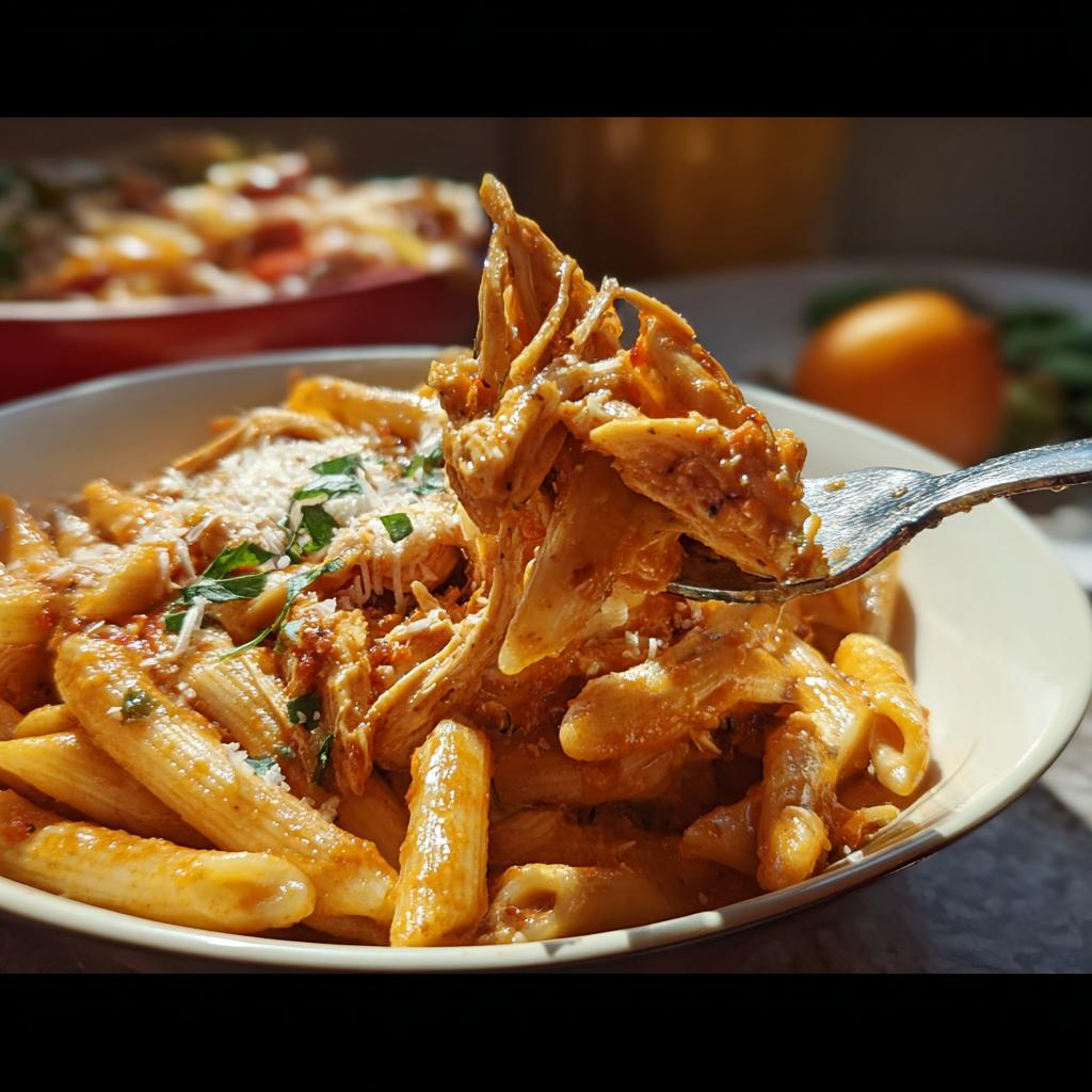 A fork lifts a generous portion of Crock Pot Creamy Cajun Chicken Pasta, showing shredded chicken in a rich sauce with penne pasta.