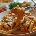 A fork lifting a portion of Crock Pot Creamy Cajun Chicken Pasta, showing penne noodles coated in a rich sauce with shredded chicken.