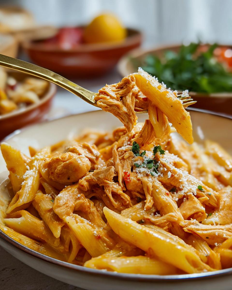 A fork lifts a portion of Crock Pot Creamy Cajun Chicken Pasta from a bowl, showing shredded chicken and penne pasta in a rich, orange sauce.