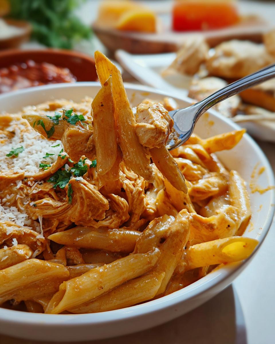 A fork lifting a bite of Crock Pot Creamy Cajun Chicken Pasta, showing penne pasta coated in a rich, orange sauce with shredded chicken and garnished with parsley.