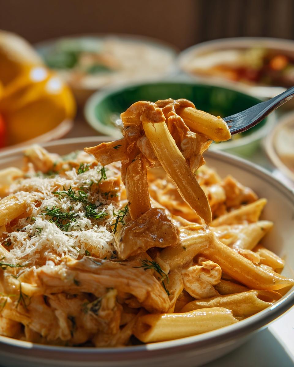 A fork lifting a bite of Crock Pot Creamy Cajun Chicken Pasta, topped with shredded Parmesan cheese and dill.