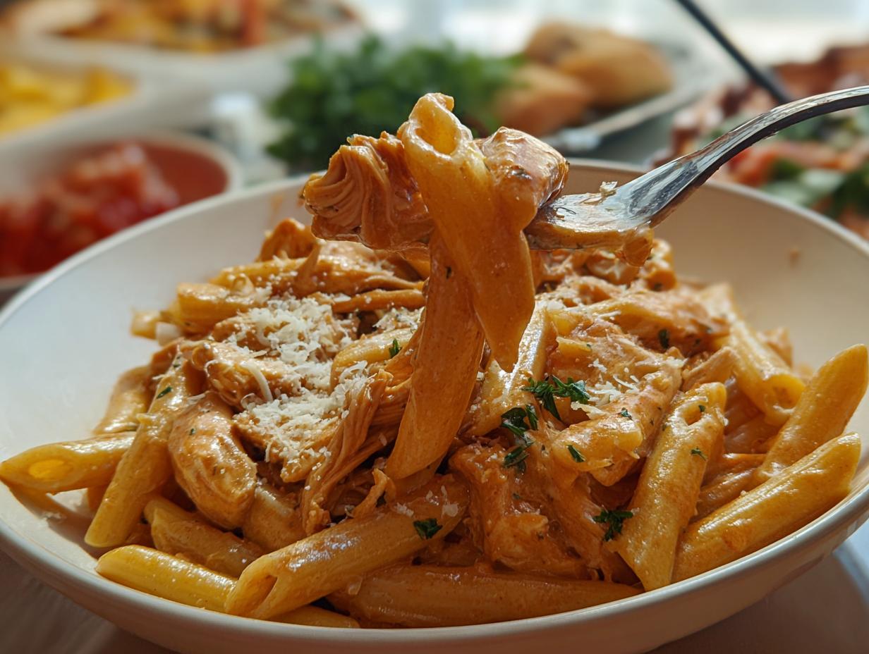 A fork lifting a portion of Crock Pot Creamy Cajun Chicken Pasta, showing penne noodles coated in a rich sauce with shredded chicken.