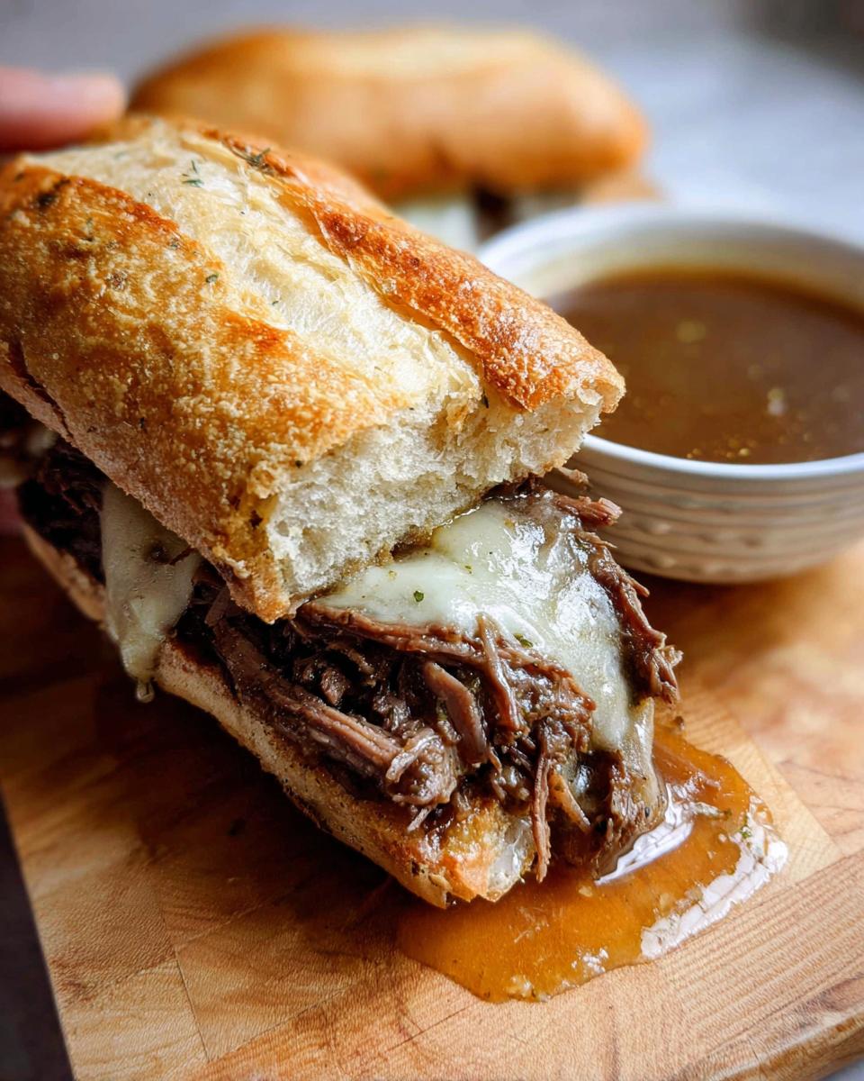 A close-up of a Crockpot French Dip Sandwich overflowing with tender shredded beef and melted cheese, served with a side of au jus.