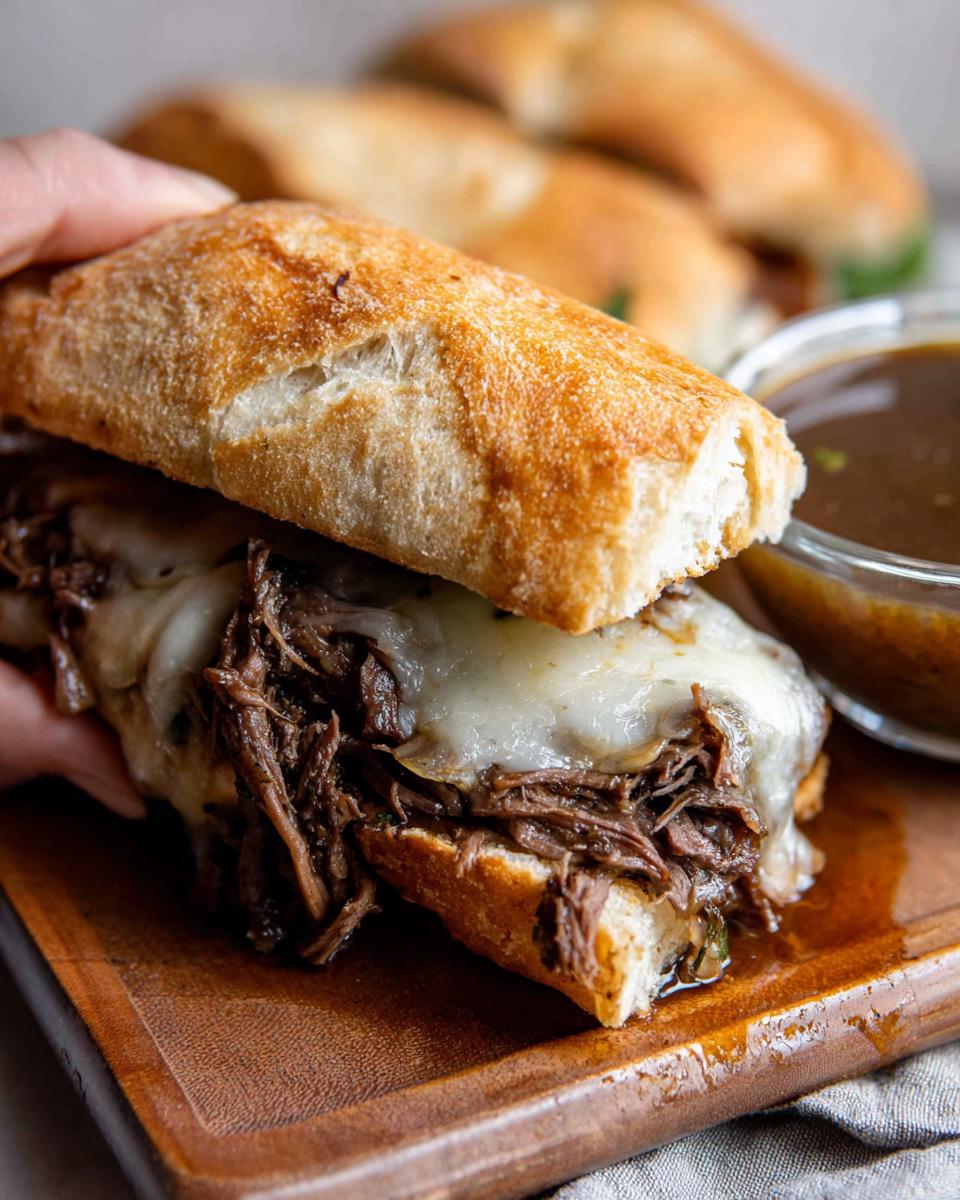 A hand holding a Crockpot French Dip Sandwich overflowing with shredded beef and melted cheese, with a side of au jus.