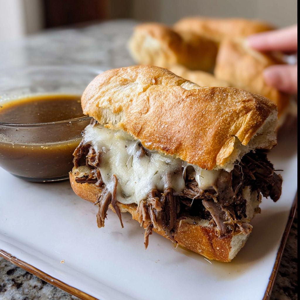 A close-up of a Crockpot French Dip Sandwich piled high with shredded beef and melted cheese, served with a side of au jus.