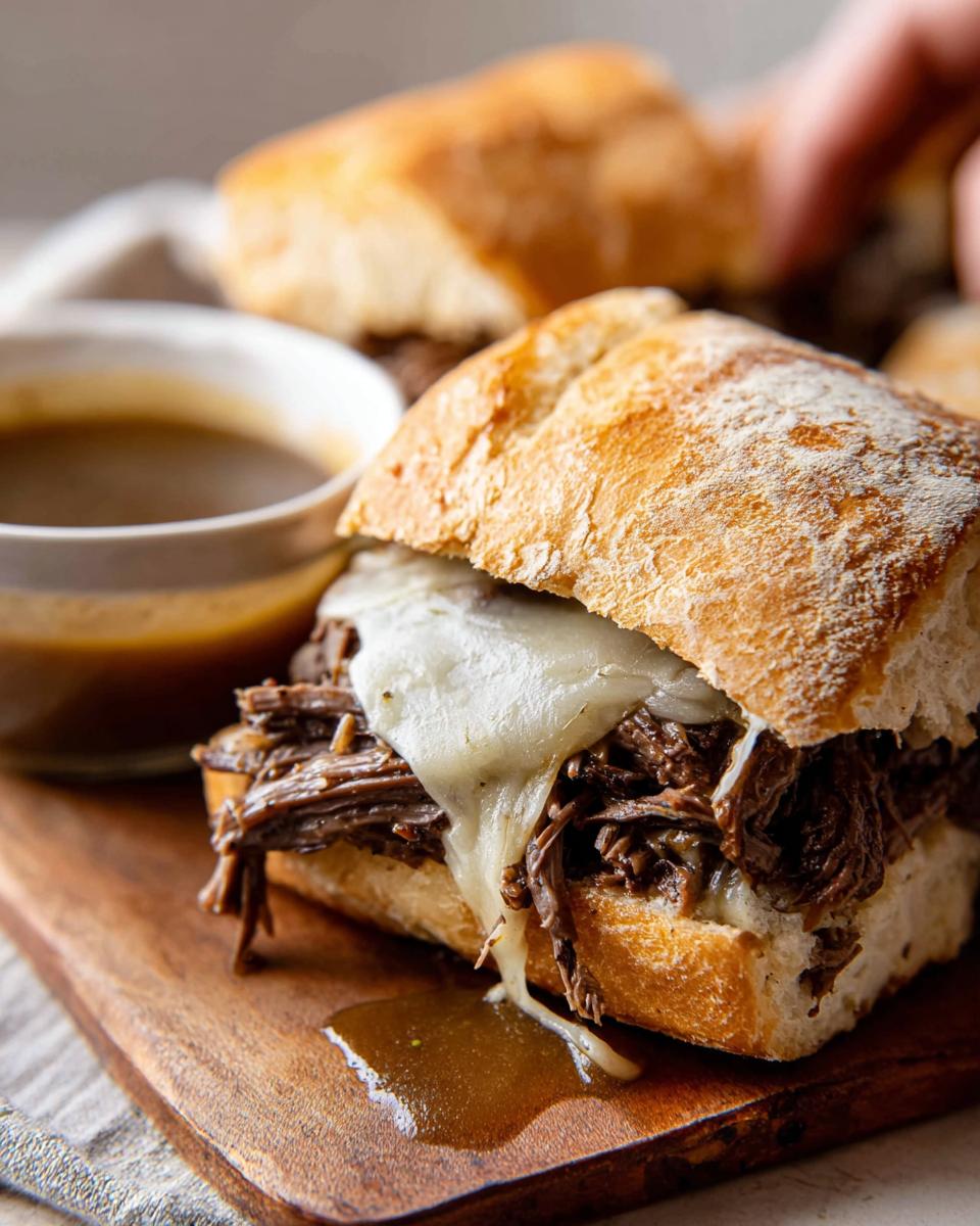 Close-up of a Crockpot French Dip Sandwich on a wooden board with a side of au jus.