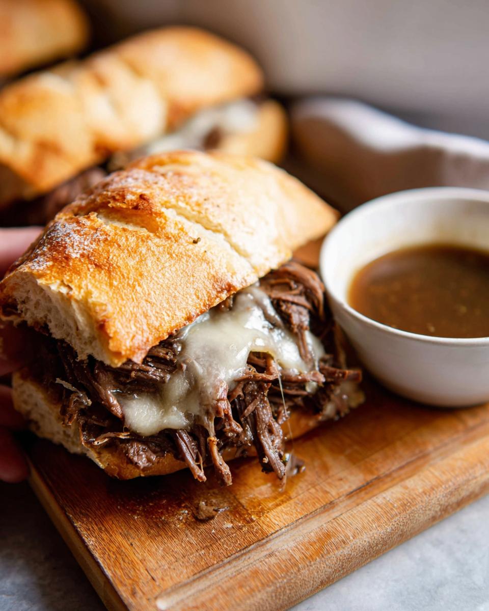 A close-up of a Crockpot French Dip Sandwich with melted cheese and a side of au jus.
