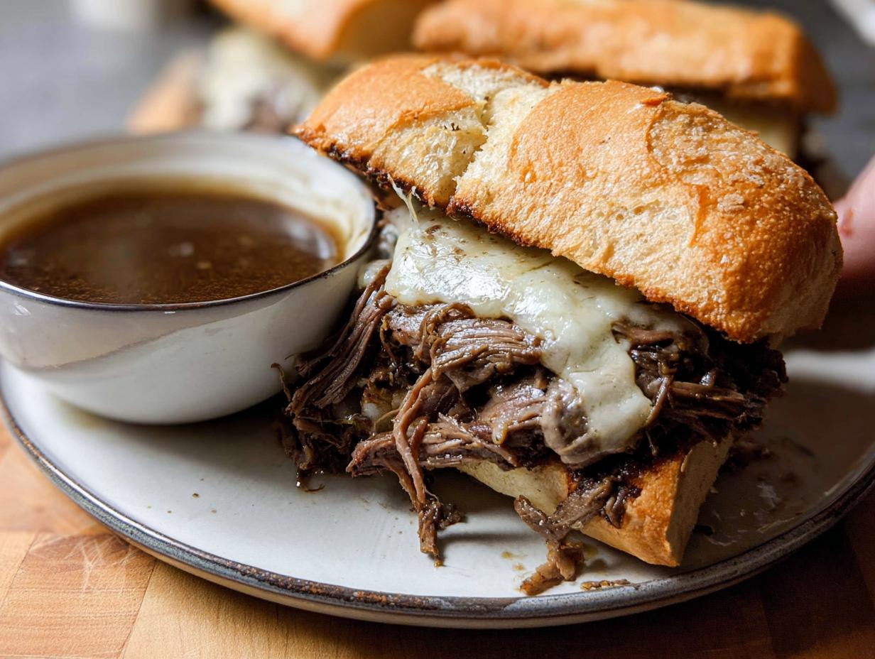 A close-up of a Crockpot French Dip Sandwich overflowing with tender shredded beef and melted provolone cheese, served with a side of au jus.
