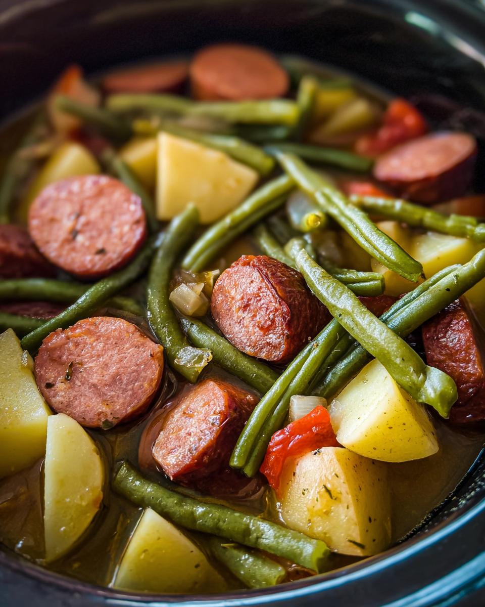 Close-up of Crockpot Kielbasa and Green Beans with potatoes and tomatoes in a savory broth.
