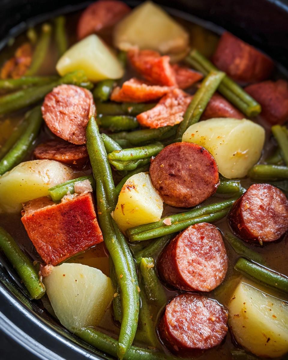 Close-up of Crockpot Kielbasa and Green Beans with potatoes in a savory broth.