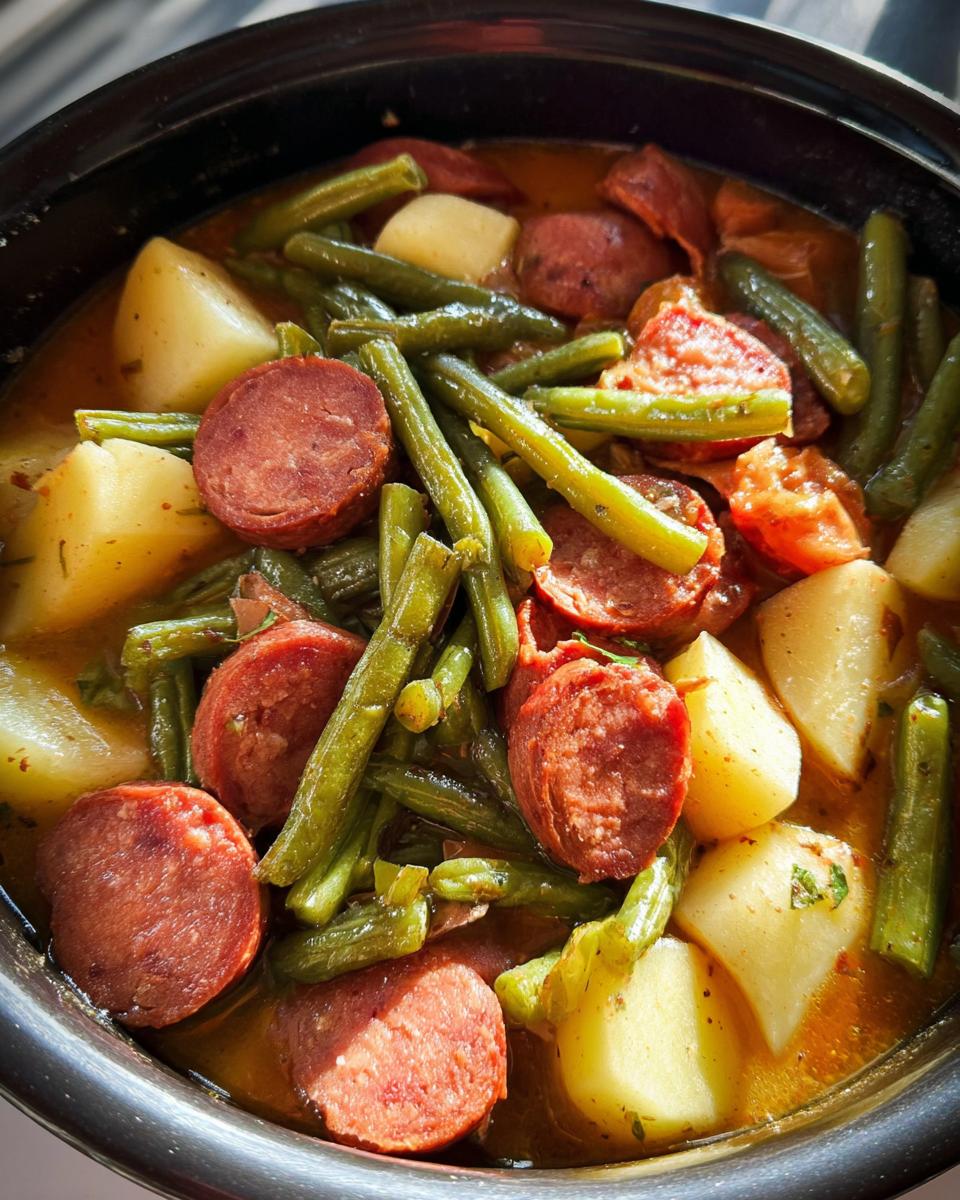Close-up of Crockpot Kielbasa and Green Beans with potatoes in a savory broth.