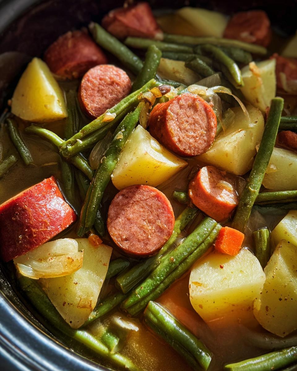 Close-up of Crockpot Kielbasa and Green Beans with potatoes and onions cooking in a pot.