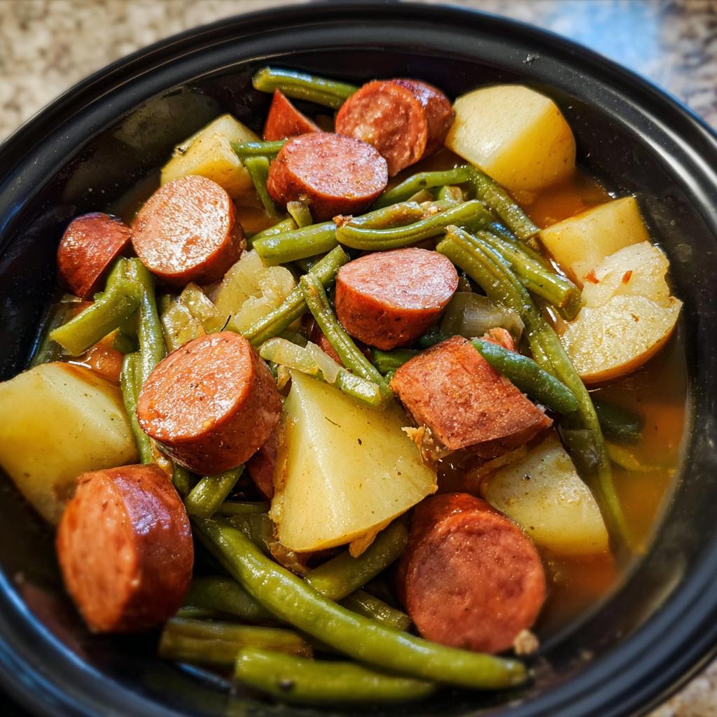 Close-up of Crockpot Kielbasa and Green Beans with potatoes in a black slow cooker.