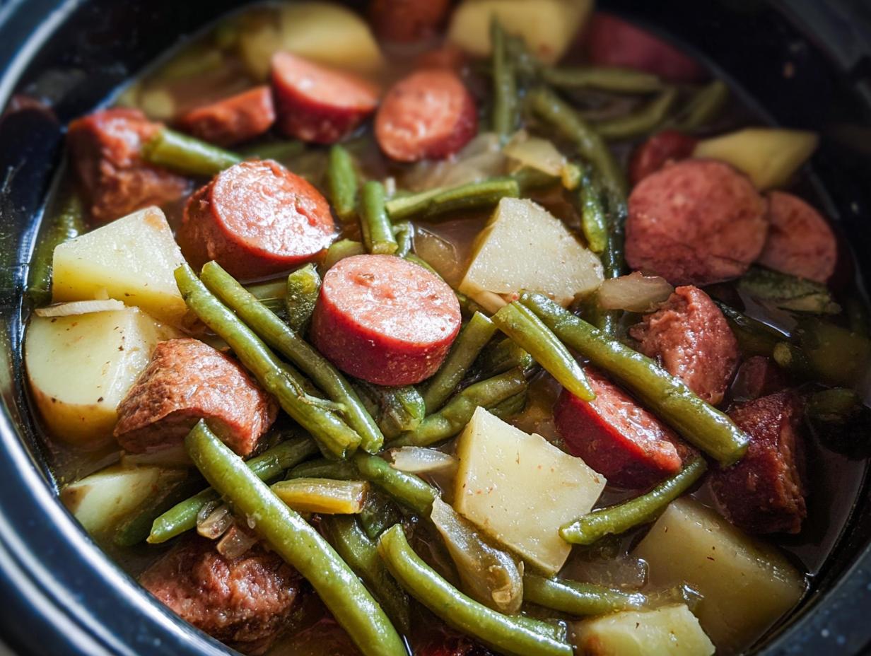 Close-up of Crockpot Kielbasa and Green Beans with potatoes in a slow cooker.