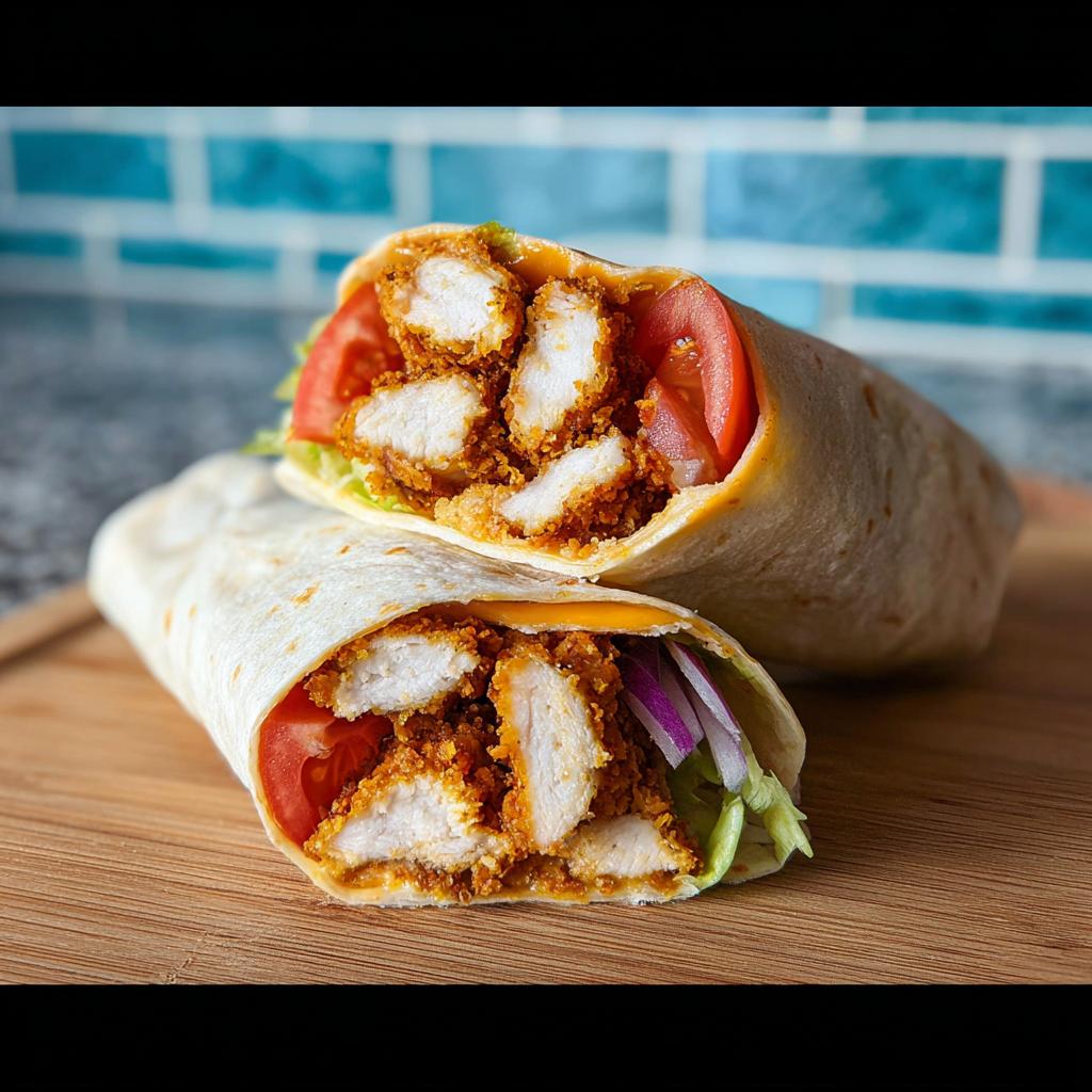 Two halves of a Crunchy Crispy Air Fryer Chicken Wrap filled with chicken tenders, lettuce, tomato, and red onion.