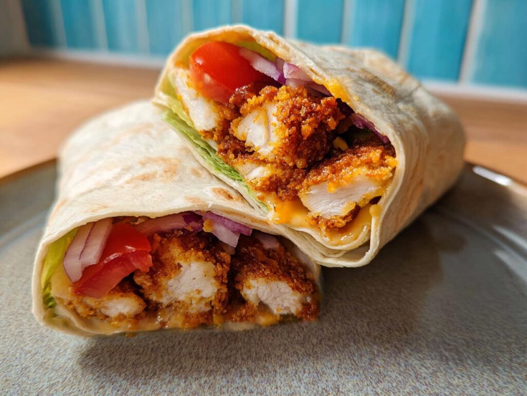 Close-up of two halves of a Crunchy Crispy Air Fryer Chicken & Mozzarella Wrap, showing fried chicken, cheese, lettuce, tomato, and onion.