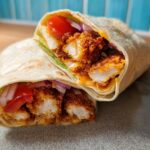 Close-up of two halves of a Crunchy Crispy Air Fryer Chicken & Mozzarella Wrap, showing fried chicken, cheese, lettuce, tomato, and onion.