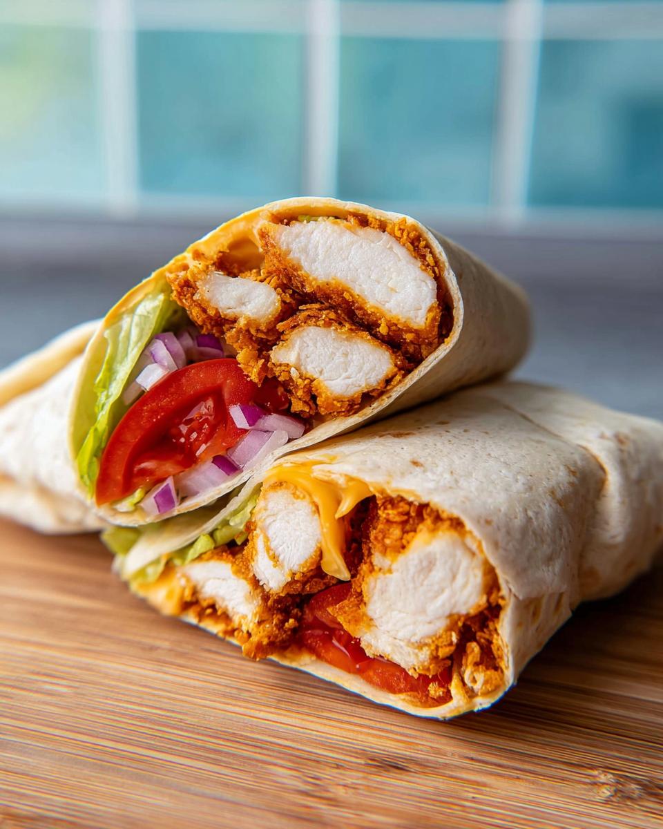Two halves of Crunchy Crispy Air Fryer Chicken Wraps filled with chicken, cheese, lettuce, tomato, and onion.