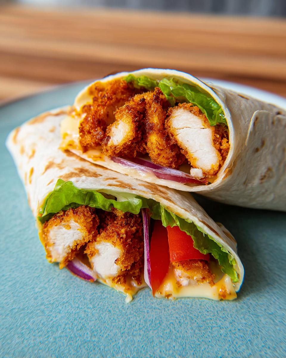 Two halves of Crunchy Crispy Air Fryer Chicken Wraps filled with lettuce, tomato, red onion, and melted cheese.
