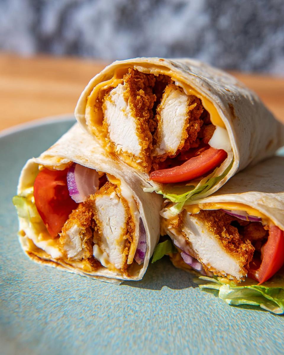 Close-up of two Crunchy Crispy Air Fryer Chicken Wraps filled with chicken, cheese, lettuce, tomato, and onion.