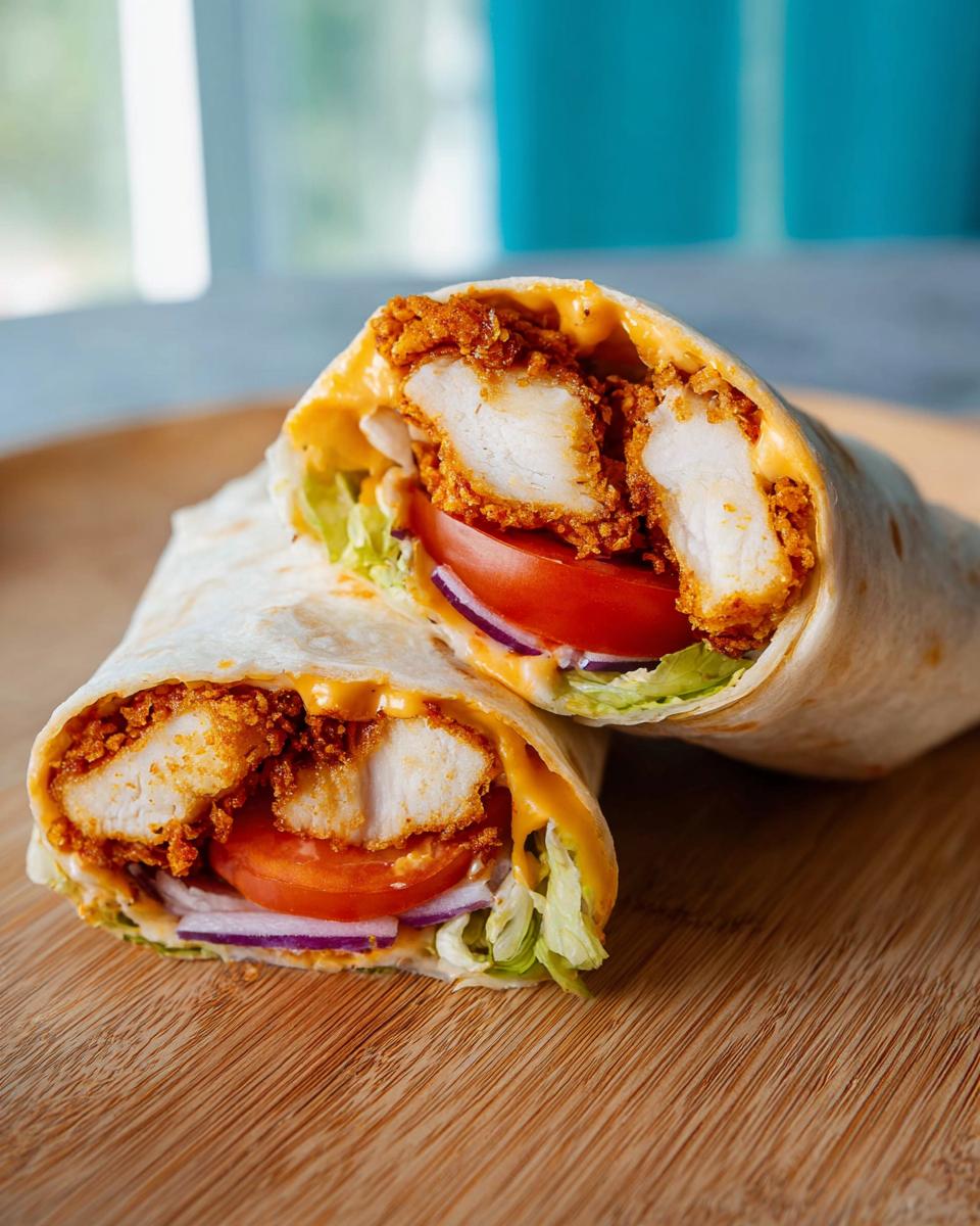 Close-up of two halves of a Crunchy Crispy Air Fryer Chicken Wrap filled with lettuce, tomato, onion, and cheese.