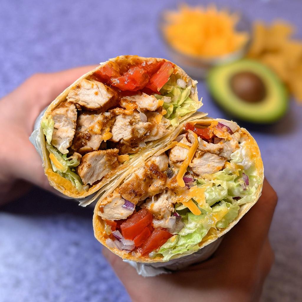 A close-up of an Easy Chipotle Ranch Grilled Chicken Burrito, cut in half, revealing seasoned chicken, lettuce, tomatoes, onions, and cheese.