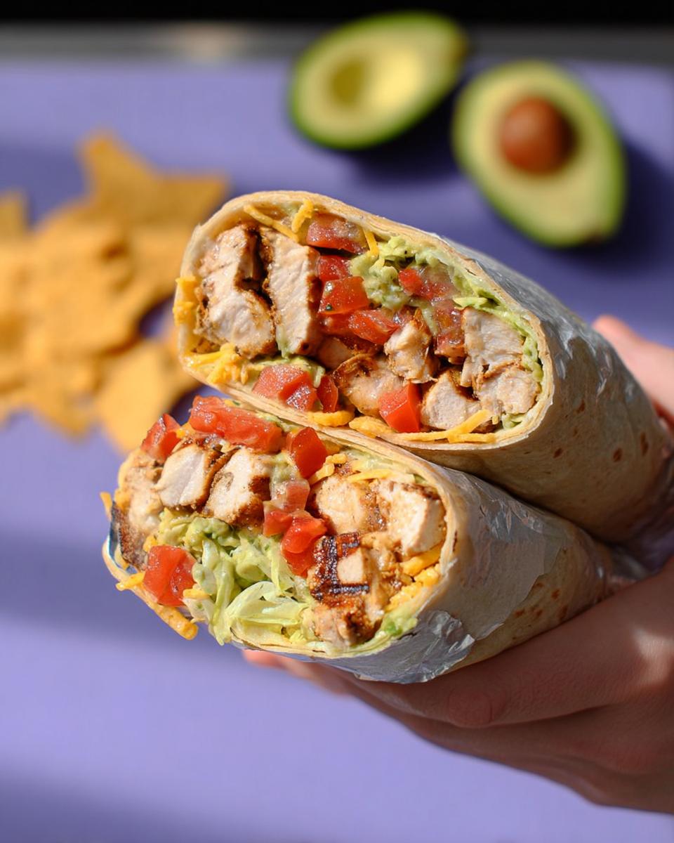A halved Easy Chipotle Ranch Grilled Chicken Burrito filled with grilled chicken, avocado, tomatoes, cheese, and lettuce.