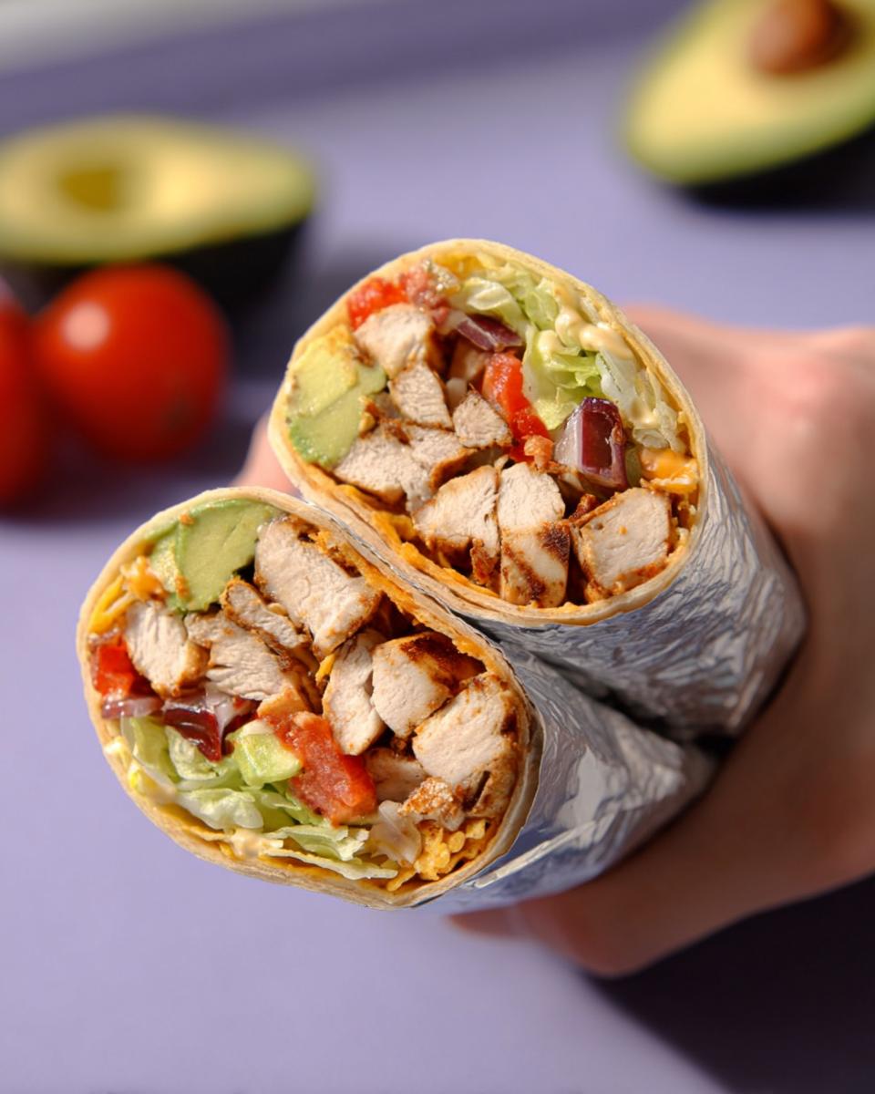 A halved Easy Chipotle Ranch Grilled Chicken Burrito showing chicken, avocado, lettuce, tomato, and sauce.
