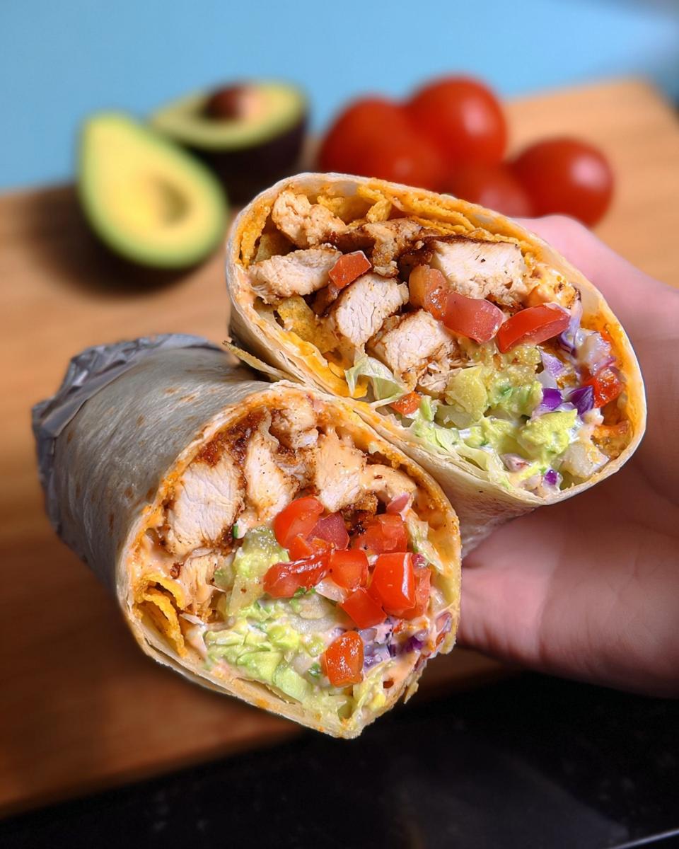 A close-up of an Easy Chipotle Ranch Grilled Chicken Burrito, cut in half, revealing seasoned chicken, avocado, tomatoes, lettuce, and chipotle ranch sauce.