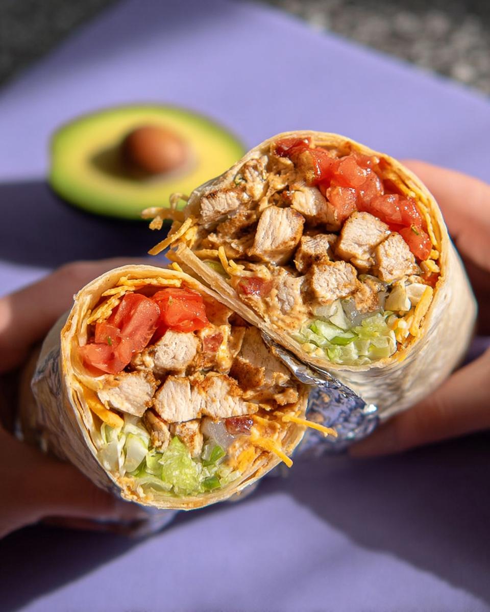 A delicious Easy Chipotle Ranch Grilled Chicken Burrito, cut in half, revealing grilled chicken, tomatoes, lettuce, cheese, and avocado.