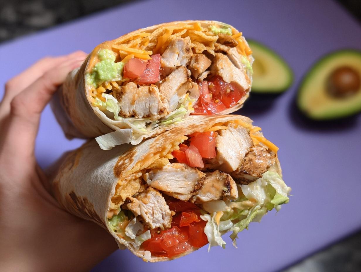 A halved Easy Chipotle Ranch Grilled Chicken Burrito filled with grilled chicken, lettuce, tomato, cheese, and avocado.