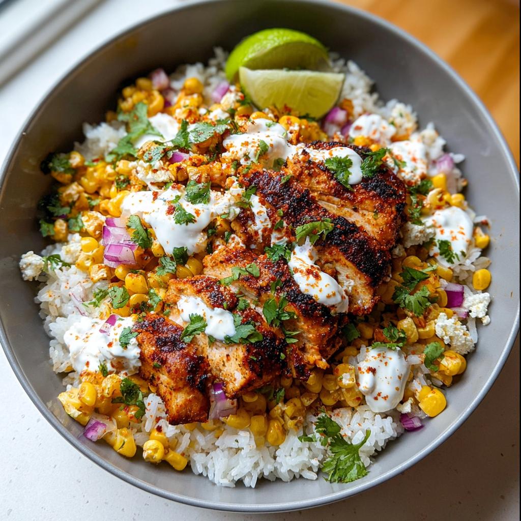A delicious Easy Street Corn Chicken Bowl featuring seasoned chicken, rice, corn, red onion, cilantro, and a lime wedge.