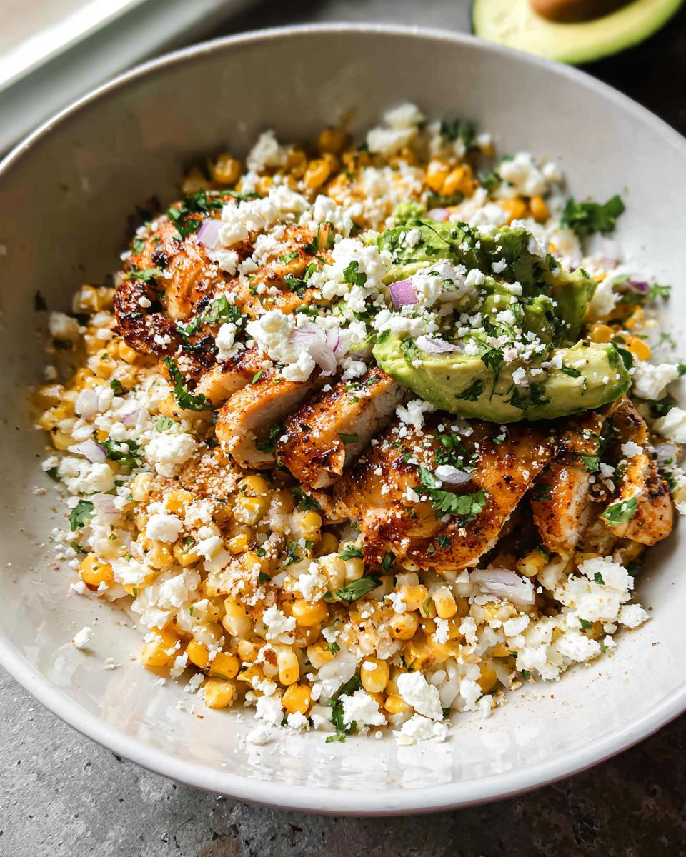 A close-up of an Easy Street Corn Chicken Bowl featuring grilled chicken, corn, crumbled cheese, avocado, and cilantro.