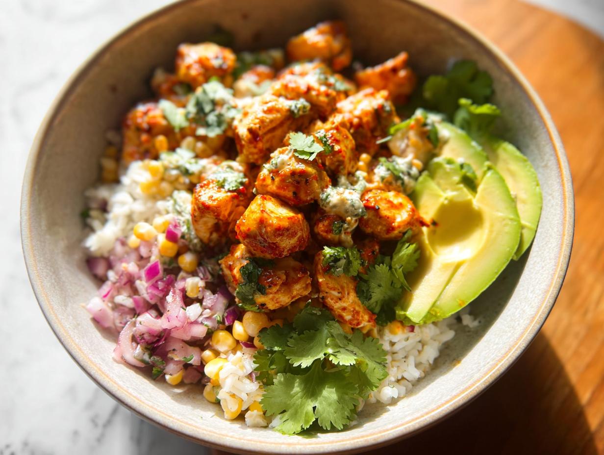 A close-up of an Easy Street Corn Chicken Bowl featuring seasoned chicken, rice, corn, red onion, avocado slices, and cilantro.
