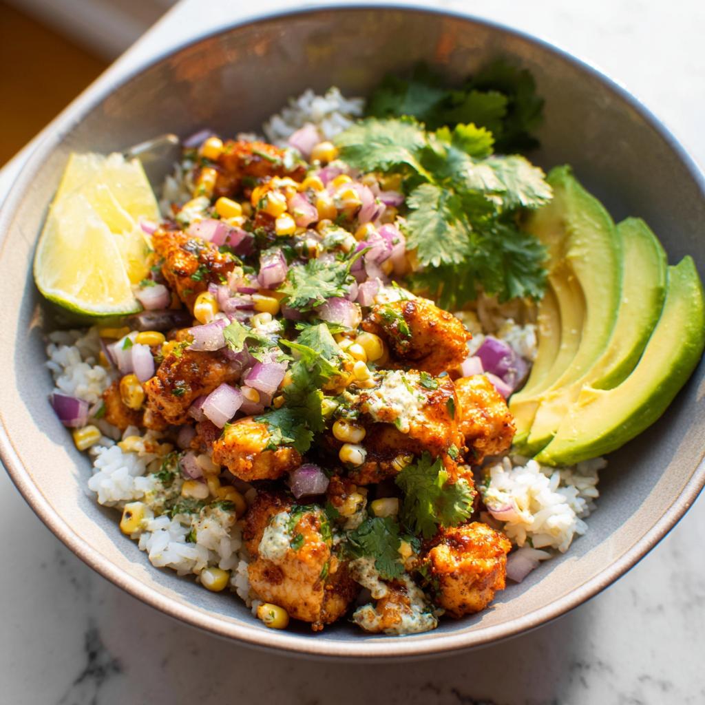 A vibrant Easy Street Corn Chicken Bowl with seasoned chicken, corn, rice, avocado, and lime.