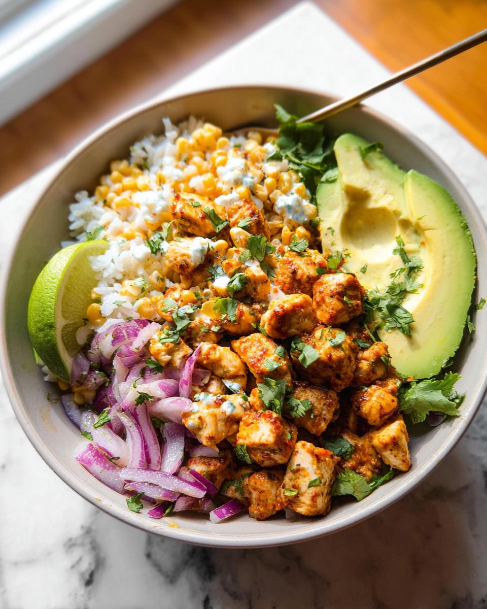 A colorful Easy Street Corn Chicken Bowl featuring seasoned chicken, rice, corn, avocado, red onion, and lime.