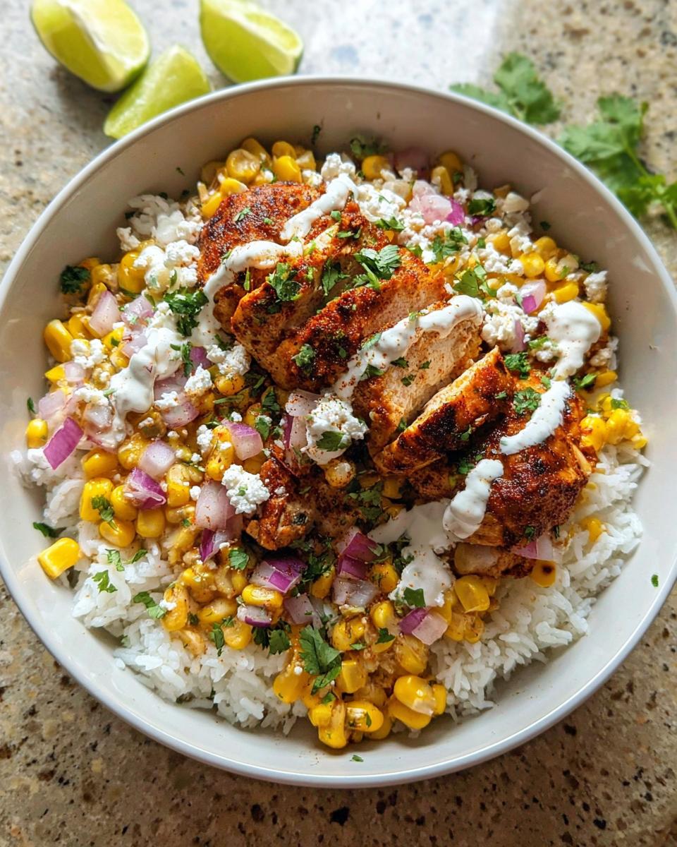 A close-up of an Easy Street Corn Chicken Bowl featuring rice, seasoned chicken, corn, red onion, and crumbled cheese.