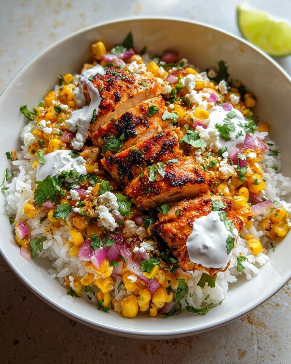 A close-up of an Easy Street Corn Chicken Bowl featuring grilled chicken, rice, corn, red onion, cilantro, and crumbled cheese.