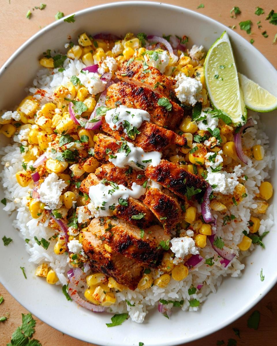A delicious Easy Street Corn Chicken Bowl featuring grilled chicken, corn, rice, crumbled cheese, and lime wedges.