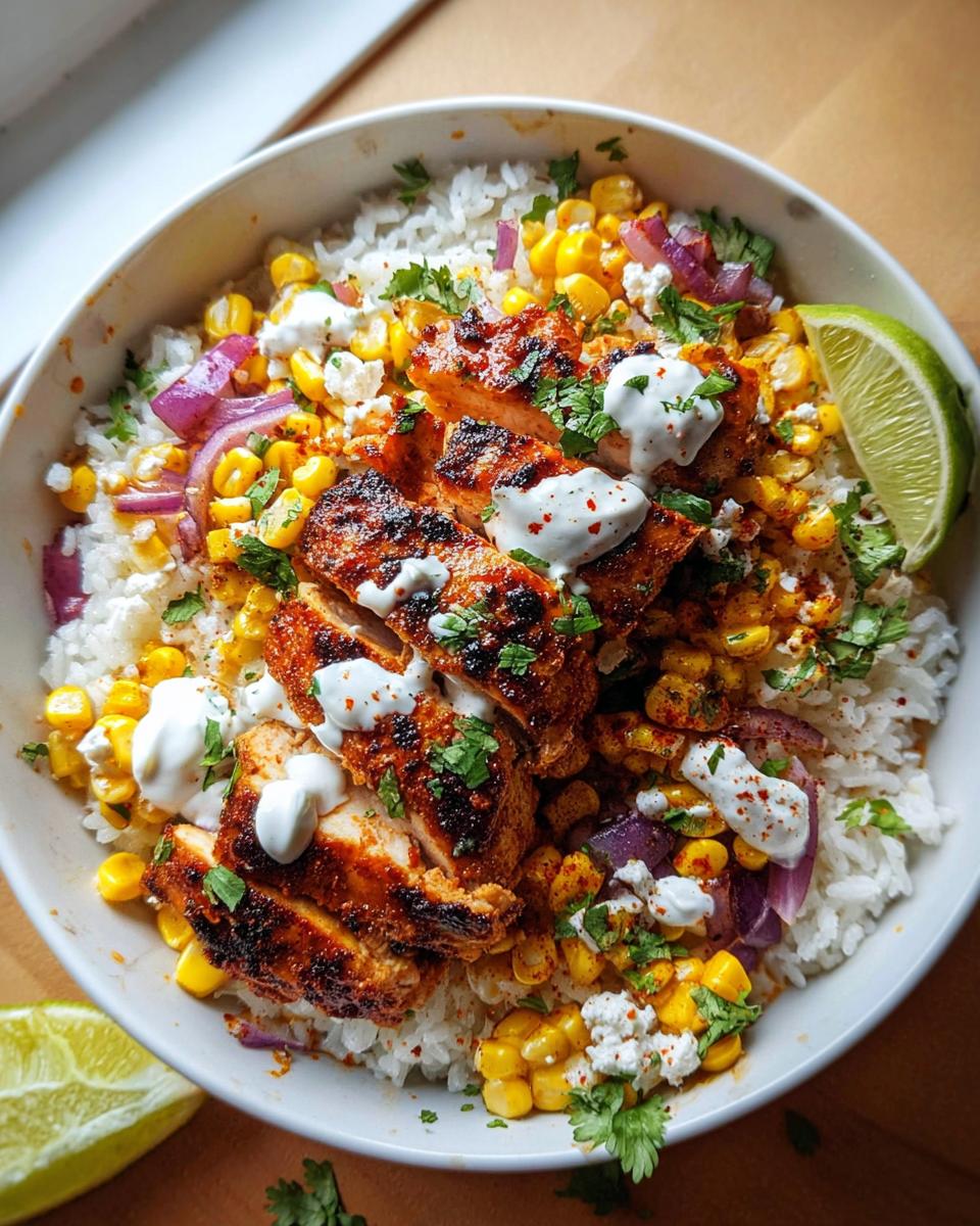 A close-up of an Easy Street Corn Chicken Bowl featuring seasoned chicken, rice, corn, red onion, cotija cheese, and a lime wedge.