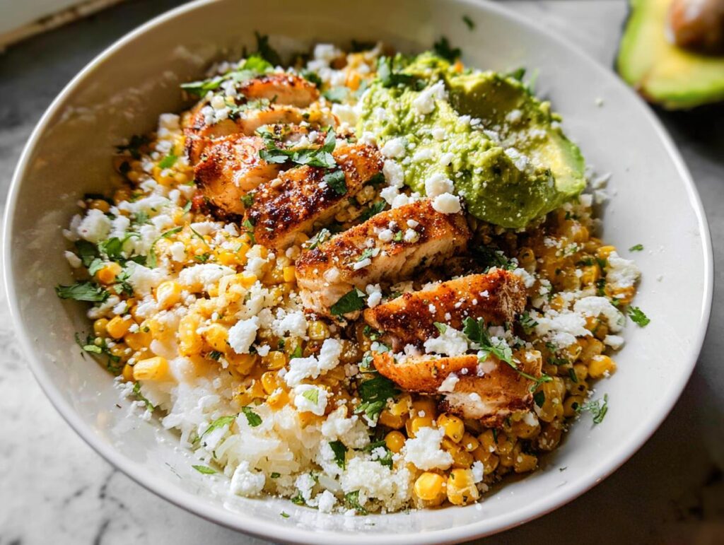 A close-up of an Easy Street Corn Chicken Bowl featuring sliced grilled chicken, corn, rice, crumbled cheese, and avocado.