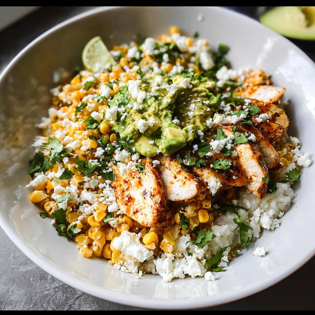 A vibrant Easy Street Corn Chicken Bowl topped with sliced chicken, corn, avocado, and crumbled cheese.