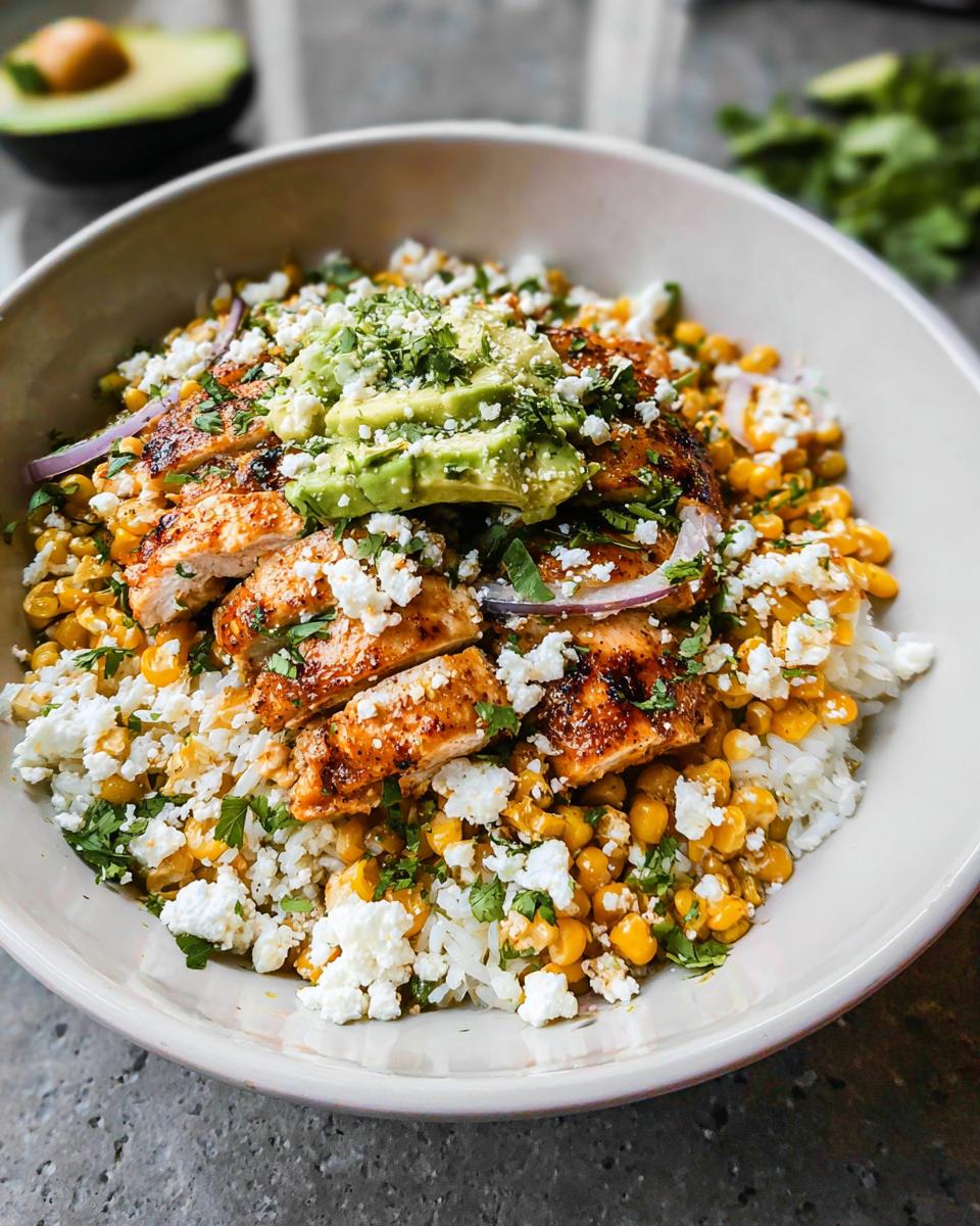 A close-up of an Easy Street Corn Chicken Bowl topped with sliced grilled chicken, corn, avocado, crumbled cheese, and cilantro.