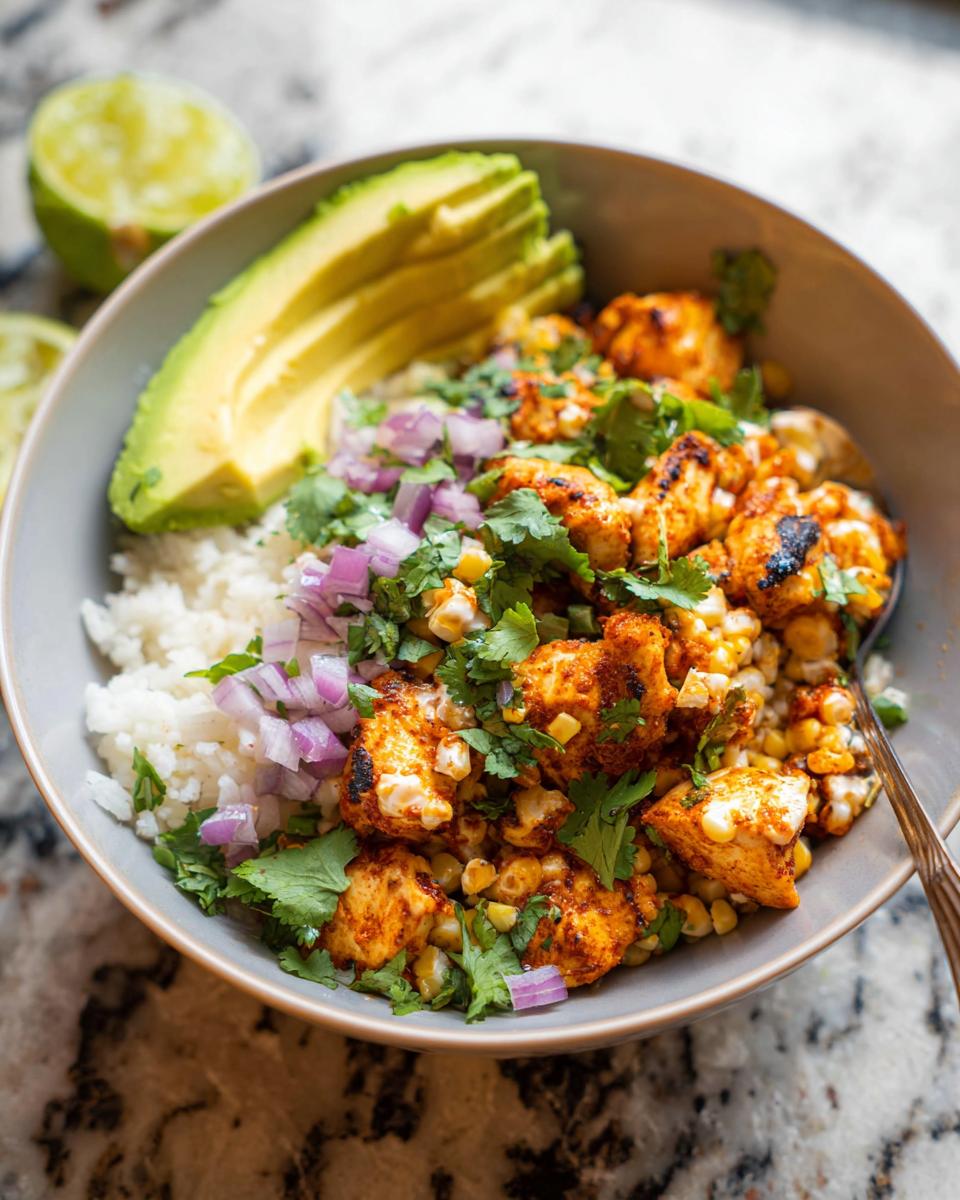 A close-up of an Easy Street Corn Chicken Bowl featuring seasoned chicken, corn, rice, avocado, red onion.