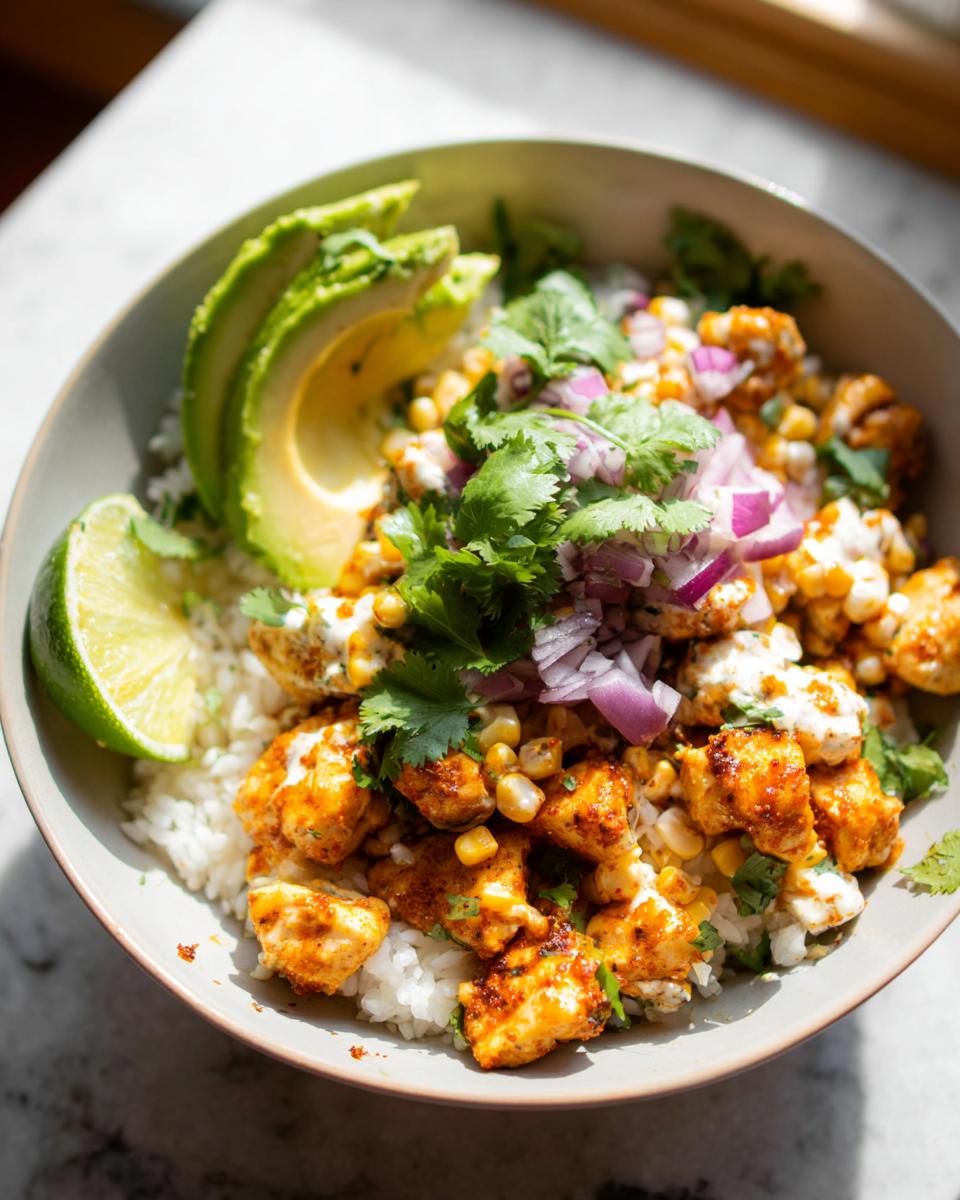 A vibrant Easy Street Corn Chicken Bowl filled with rice, seasoned chicken, corn, avocado slices, lime wedge, and cilantro.