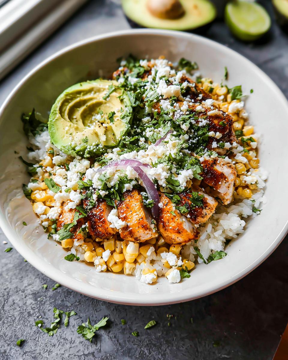 A delicious Easy Street Corn Chicken Bowl topped with sliced avocado, crumbled cheese, and fresh cilantro.
