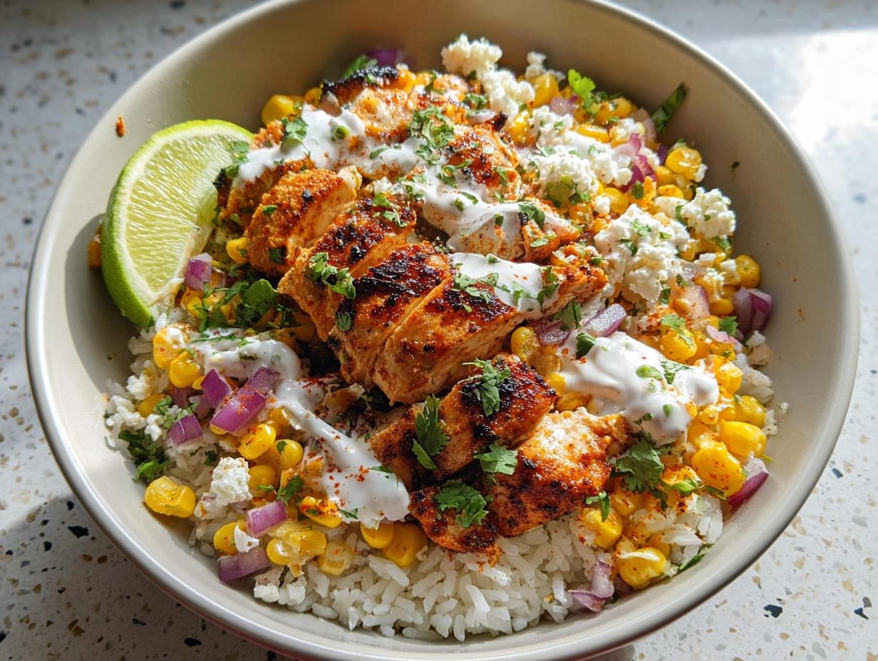 A close-up of an Easy Street Corn Chicken Bowl featuring grilled chicken, rice, corn, red onion, crumbled cheese, and a lime wedge.